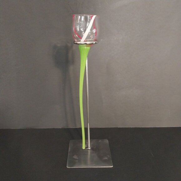 Hand Blown Glass Long Stem Flower Inspired Decor With Stand - Picture 3 of 6
